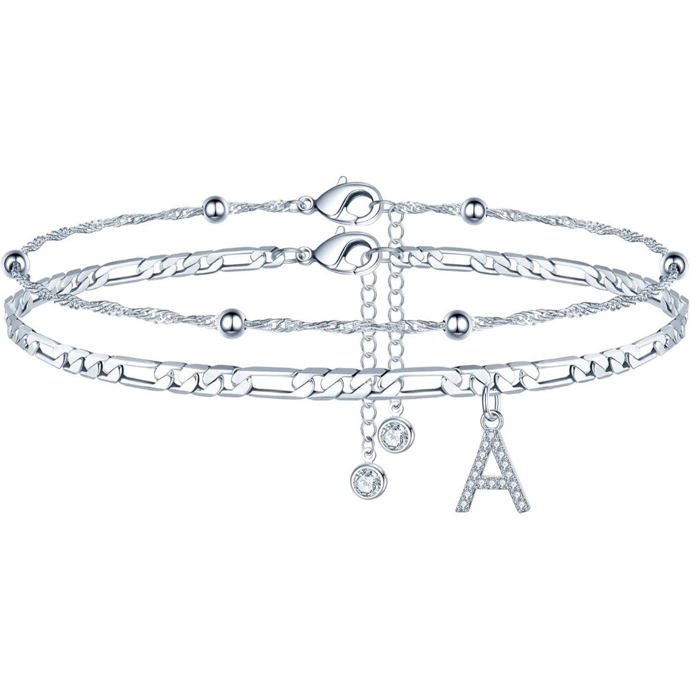 Ankle Bracelets for Women, 14K Gold Plated Dainty Layered Chain CZ Initial Ankle